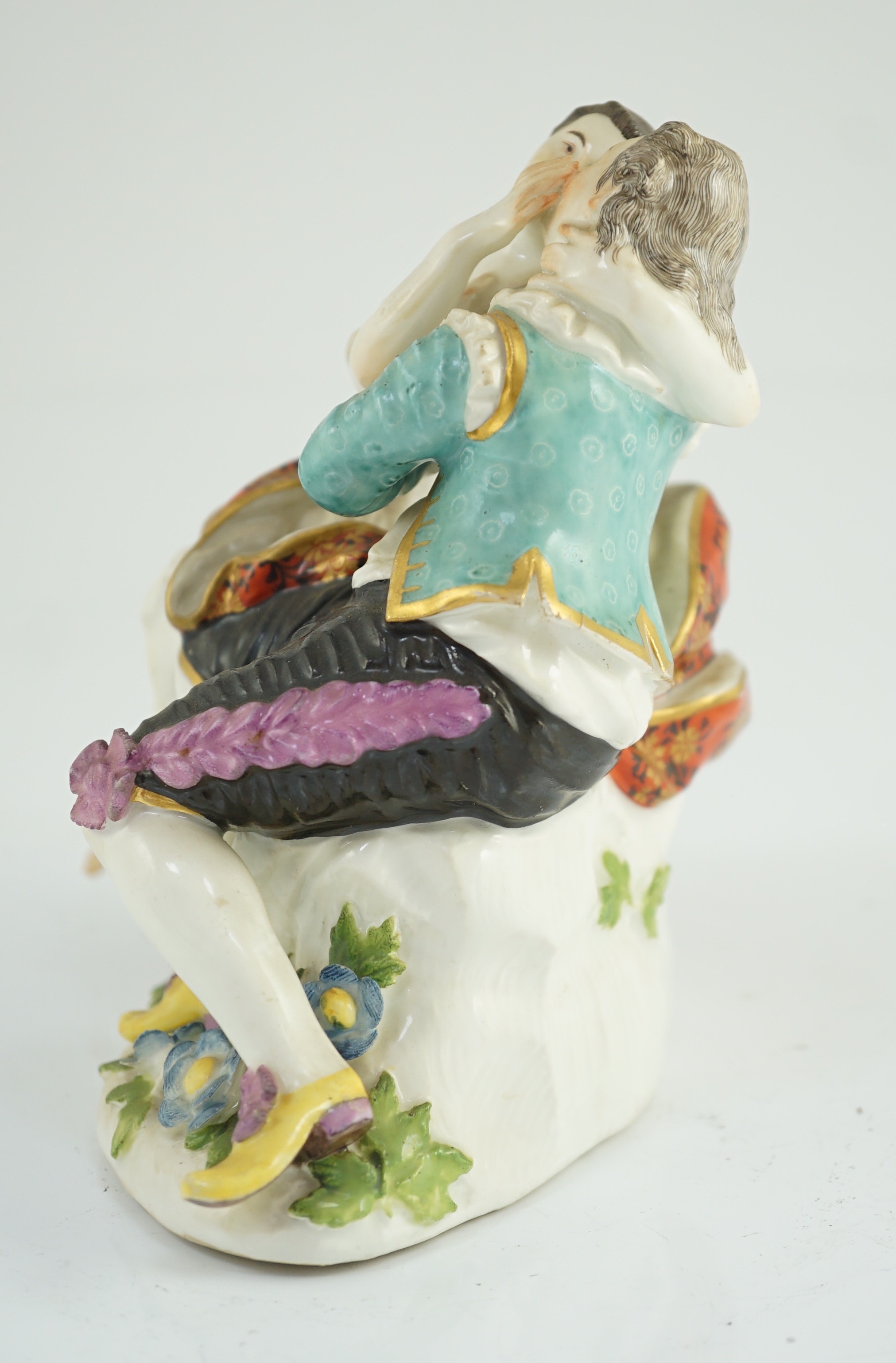 A Meissen porcelain group of lovers, c.1740, 13cm high, restored leg, Provenance - purchased from Winifred Williams, Eastbourne/London before 1970.